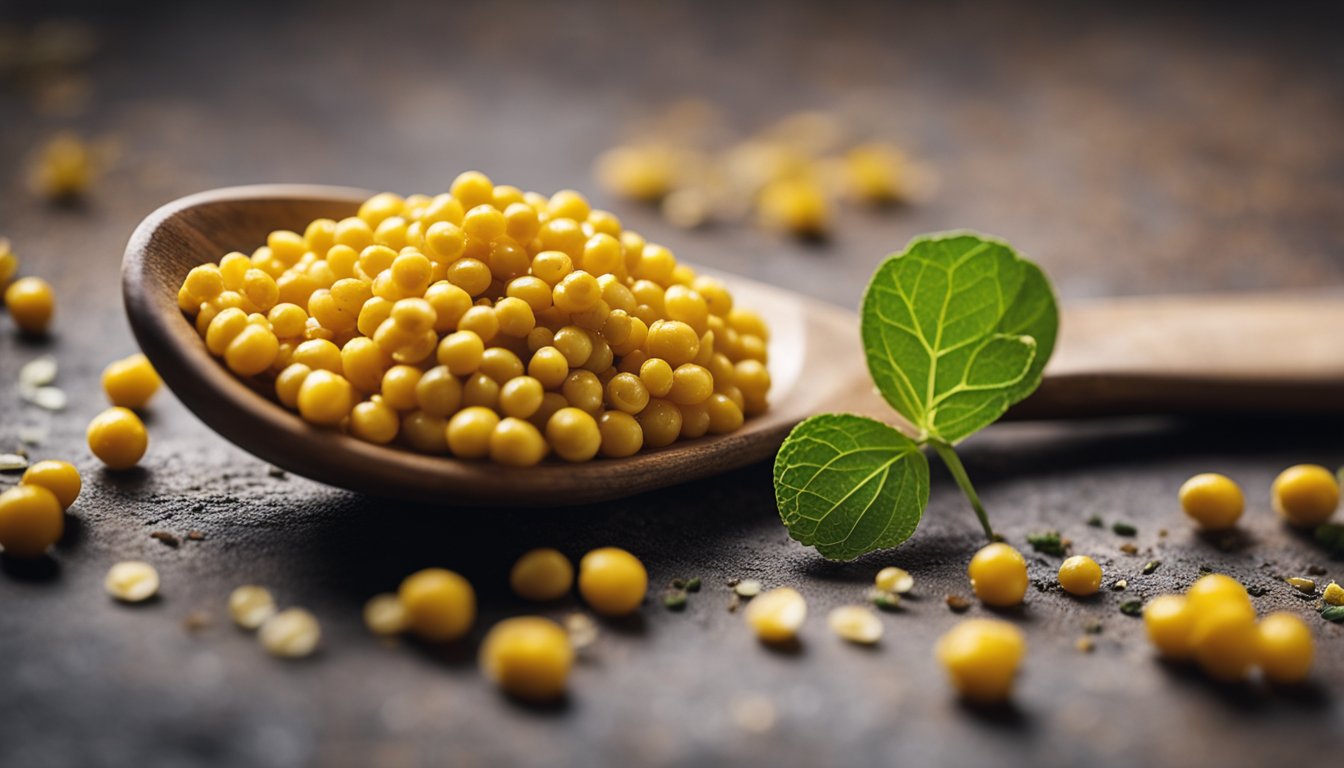 Yellow mustard seeds spill from a rustic ceramic spoon onto aged stone, with soft natural lighting highlighting their warm golden color. A dried mustard flower and green leaves blur softly in the background