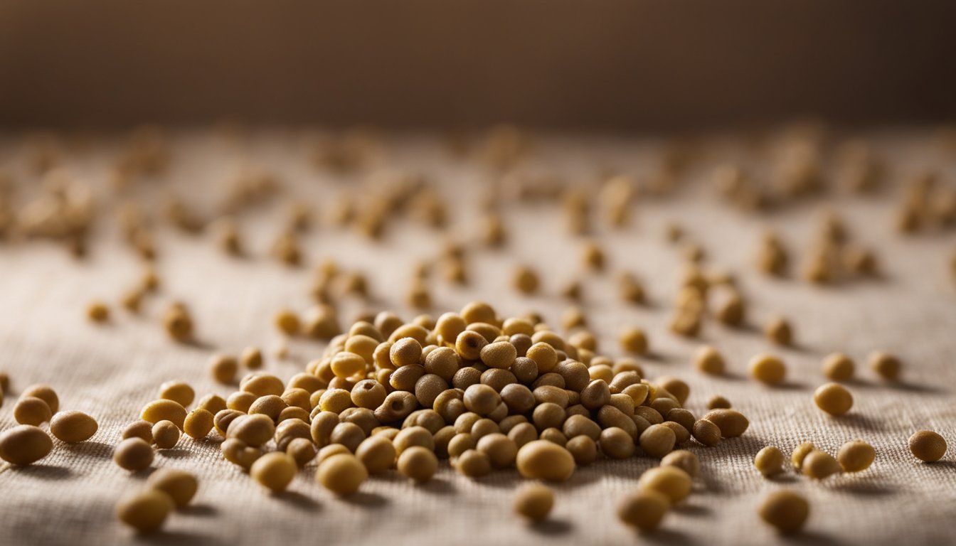 Brown mustard seeds spill from open pods onto linen. Delicate stems and diffused light highlight the intricate patterns and round shapes