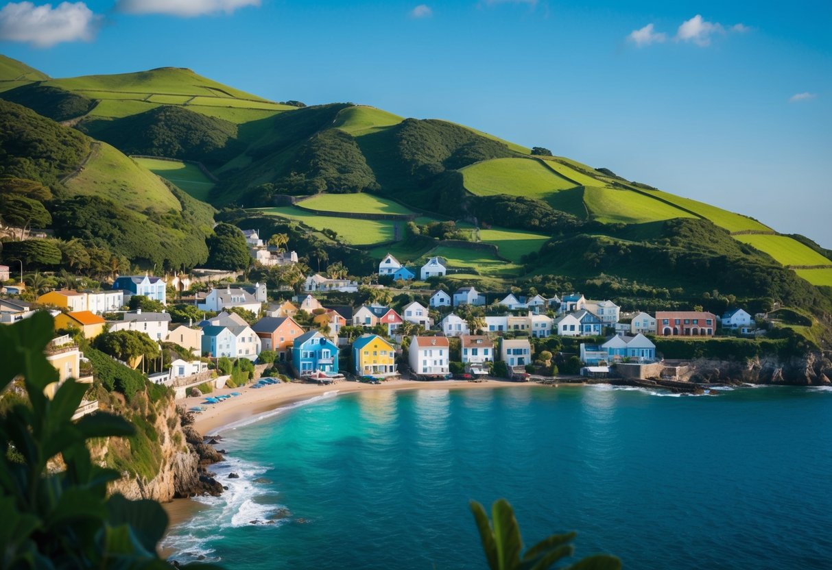 Uma pacfica cidade costeira com casas coloridas aninhadas entre colinas verdes e exuberantes, com vista para o oceano azul cintilante.