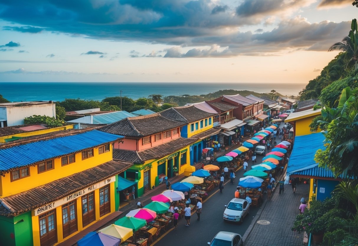 Um mercado de rua vibrante em Imbituba, com edifcios coloridos e arquitetura tradicional, cercado por uma vegetao exuberante e o oceano ao longe.