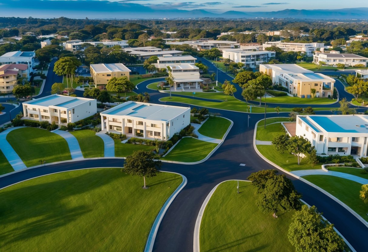 Um bairro tranquilo em Imbituba, com ruas bem cuidadas, parques verdes e comodidades modernas como escolas e centros de compras.