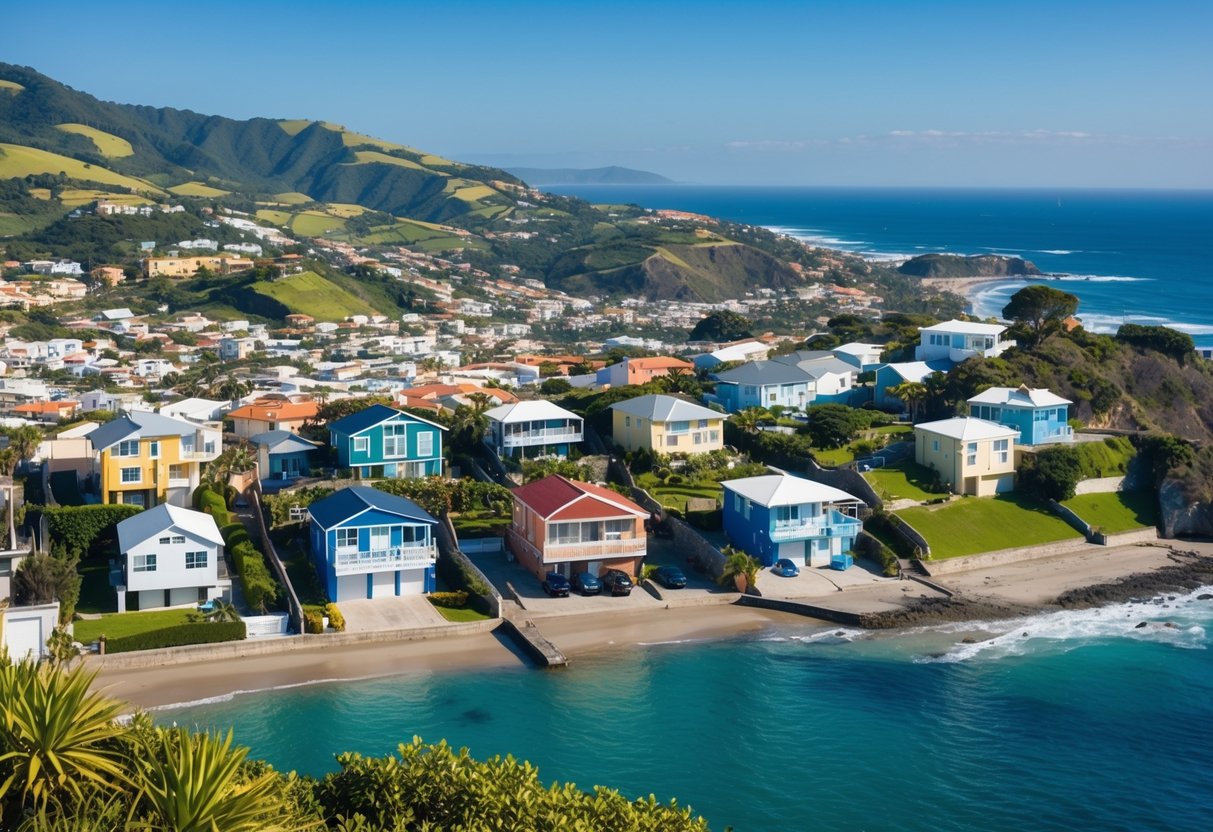 Uma cidade costeira ensolarada com casas coloridas aninhadas entre colinas exuberantes e um oceano cintilante, exibindo os melhores bairros de Imbituba