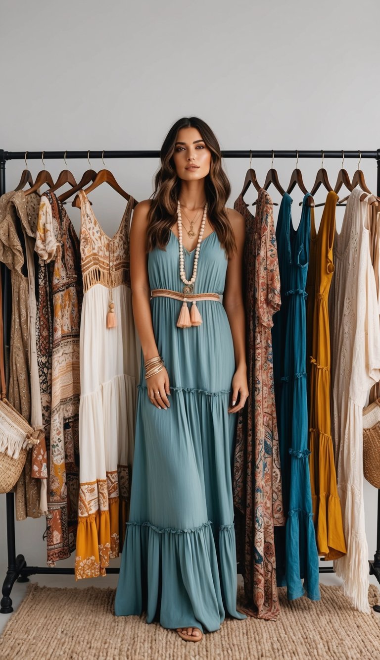 16 Boho Outfit Ideas for Effortless Style That Make You Feel Amazing! 2 A bohemian-inspired clothing rack with 16 outfit options in a variety of colors and patterns, including flowy dresses, layered jewelry, and fringed accessories