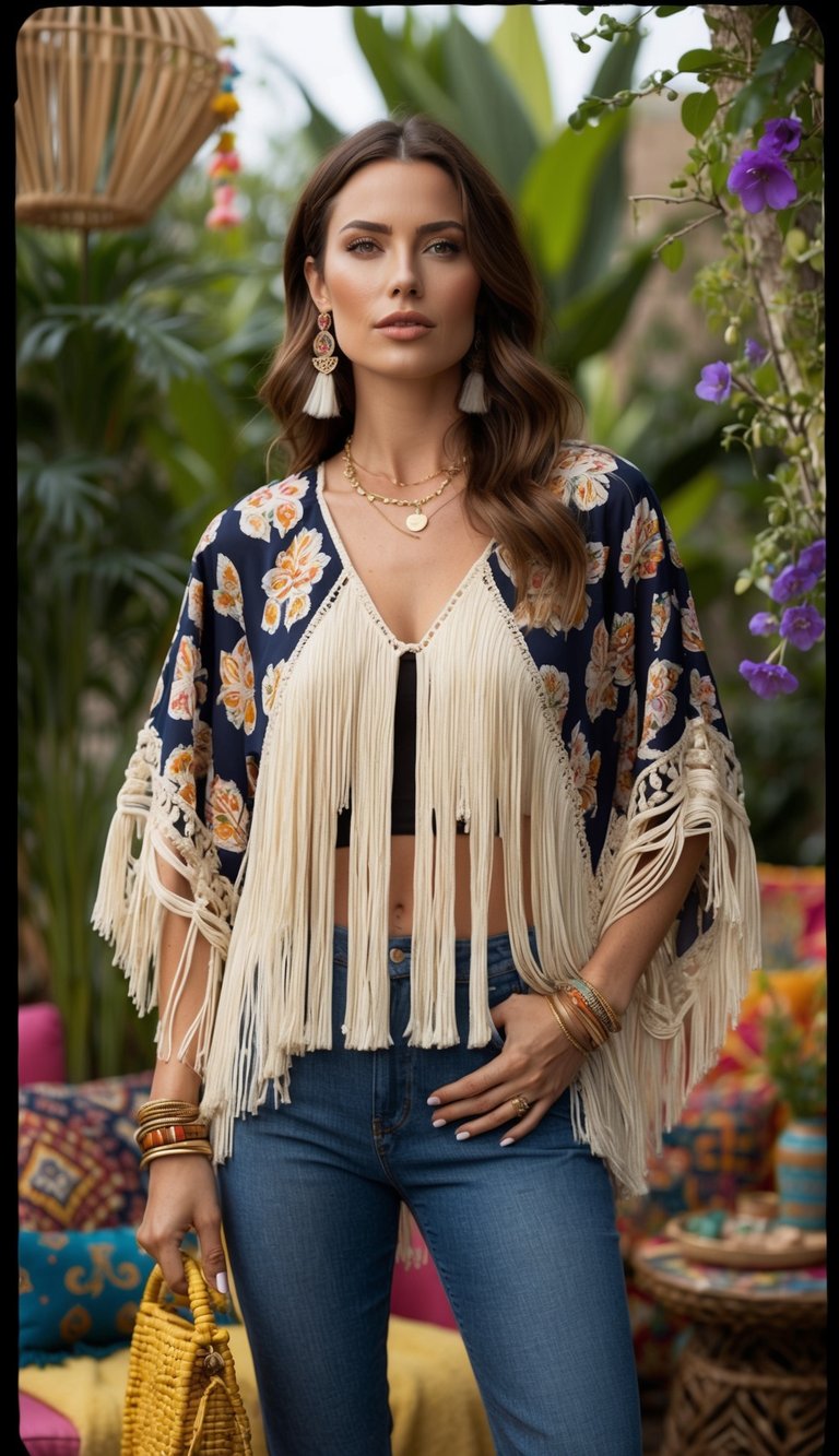 16 Boho Outfit Ideas for Effortless Style That Make You Feel Amazing! 3 A woman in a fringe kimono top stands in a bohemian-inspired setting, surrounded by nature and colorful accessories, exuding effortless style