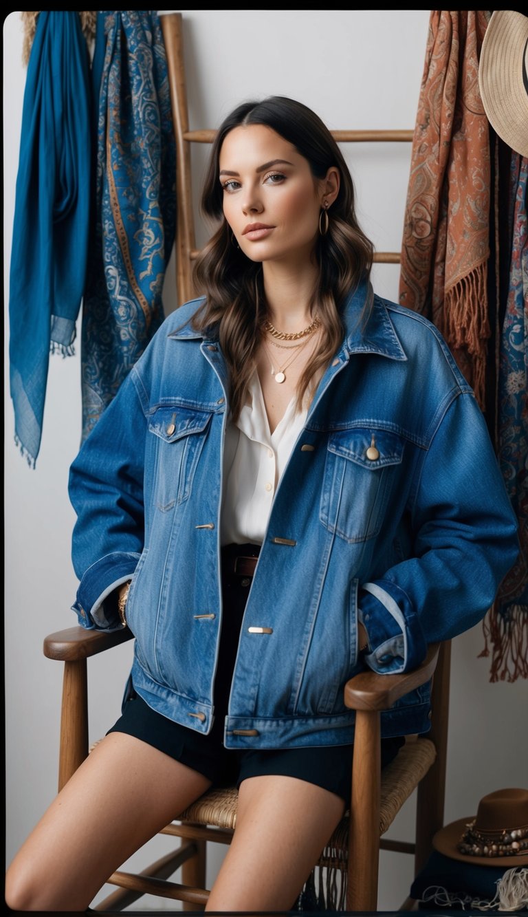 16 Boho Outfit Ideas for Effortless Style That Make You Feel Amazing! 6 A vintage denim jacket draped over a wooden chair, surrounded by bohemian accessories like scarves, hats, and jewelry