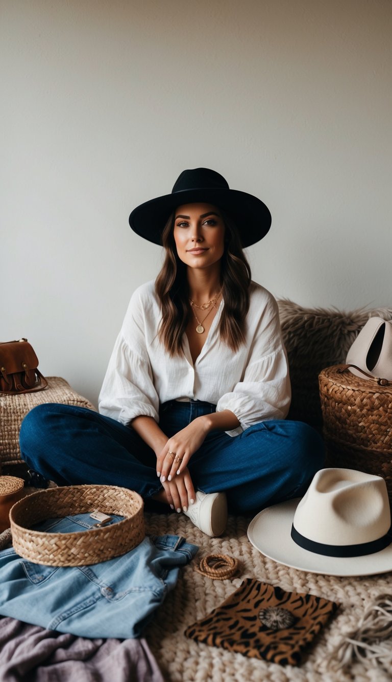 16 Boho Outfit Ideas for Effortless Style That Make You Feel Amazing! 8 A wide-brimmed fedora hat surrounded by bohemian clothing and accessories, arranged in a stylish and effortless manner