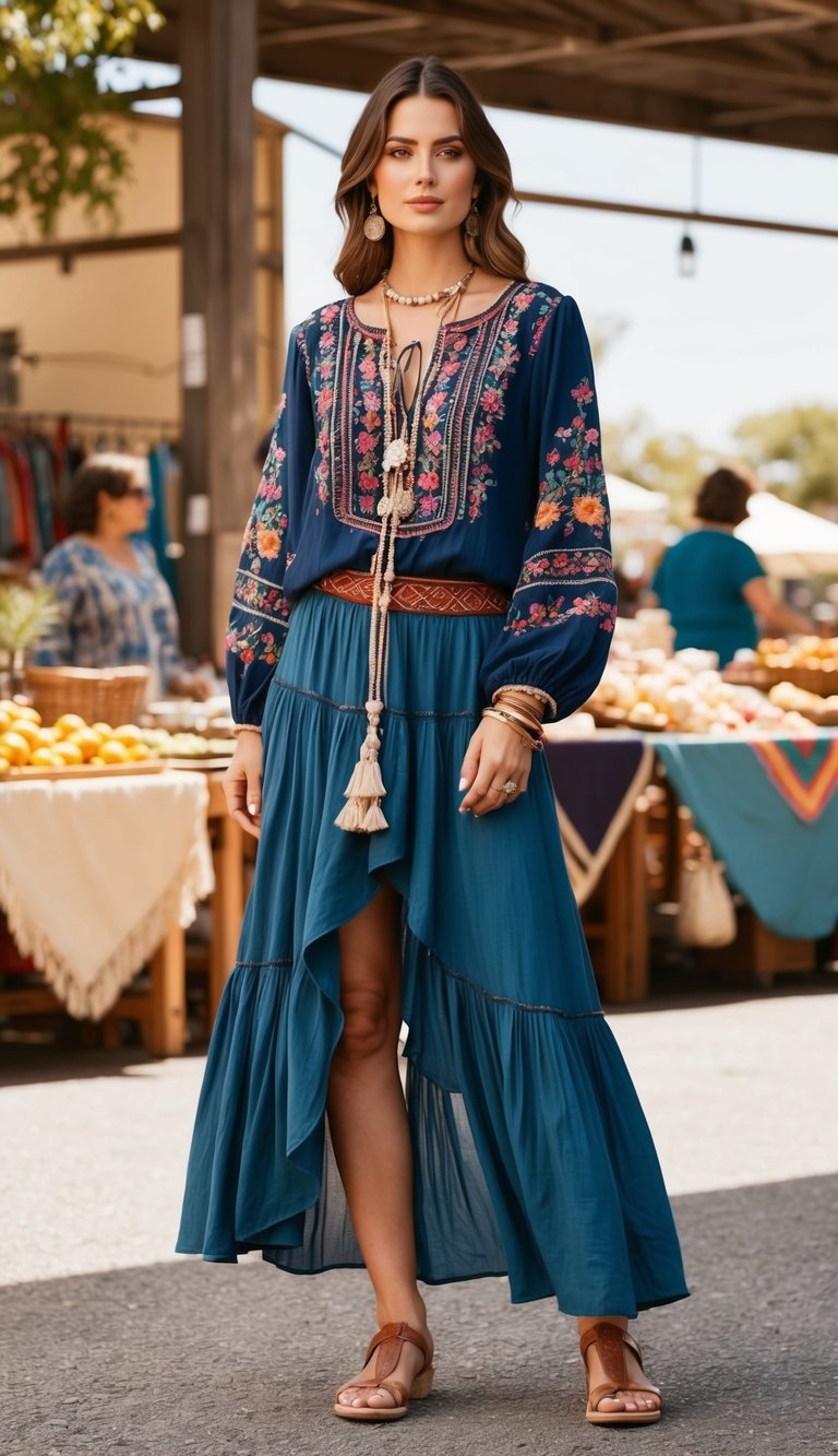 16 Boho Outfit Ideas for Effortless Style That Make You Feel Amazing! 9 A bohemian-style embroidered peasant blouse paired with flowing skirts, layered jewelry, and sandals, set against a backdrop of a sunny outdoor market