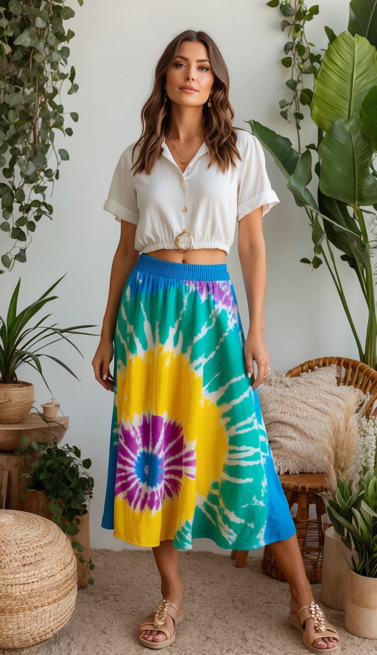 16 Boho Outfit Ideas for Effortless Style That Make You Feel Amazing! 11 A colorful tie-dye midi skirt surrounded by bohemian accessories and greenery, creating a relaxed and stylish atmosphere
