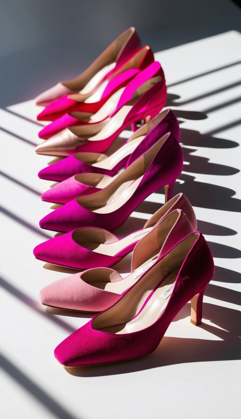 17 Pink Heels Outfit Ideas for a Feminine Touch That Will Make You Shine! 2 A row of pink heels arranged on a white background, each pair varying in style and height, with soft shadows cast beneath them