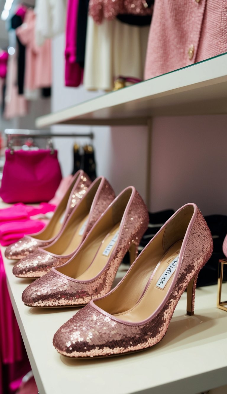 17 Pink Heels Outfit Ideas for a Feminine Touch That Will Make You Shine! 3 A row of retro rose sequin stilettos lined up on a display shelf, surrounded by various pink outfit pieces for a feminine touch
