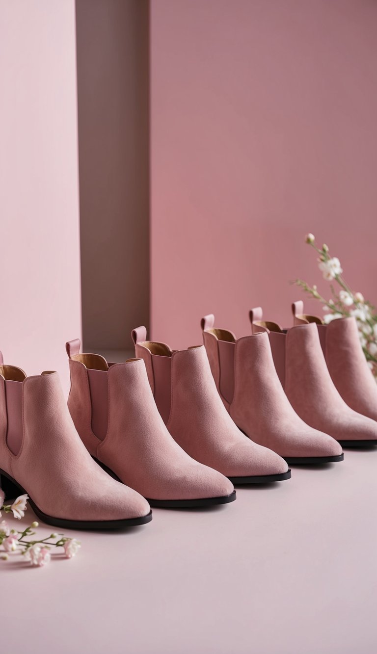 17 Pink Heels Outfit Ideas for a Feminine Touch That Will Make You Shine! 4 A row of blush suede ankle booties lined up against a soft pink backdrop, surrounded by delicate floral accents