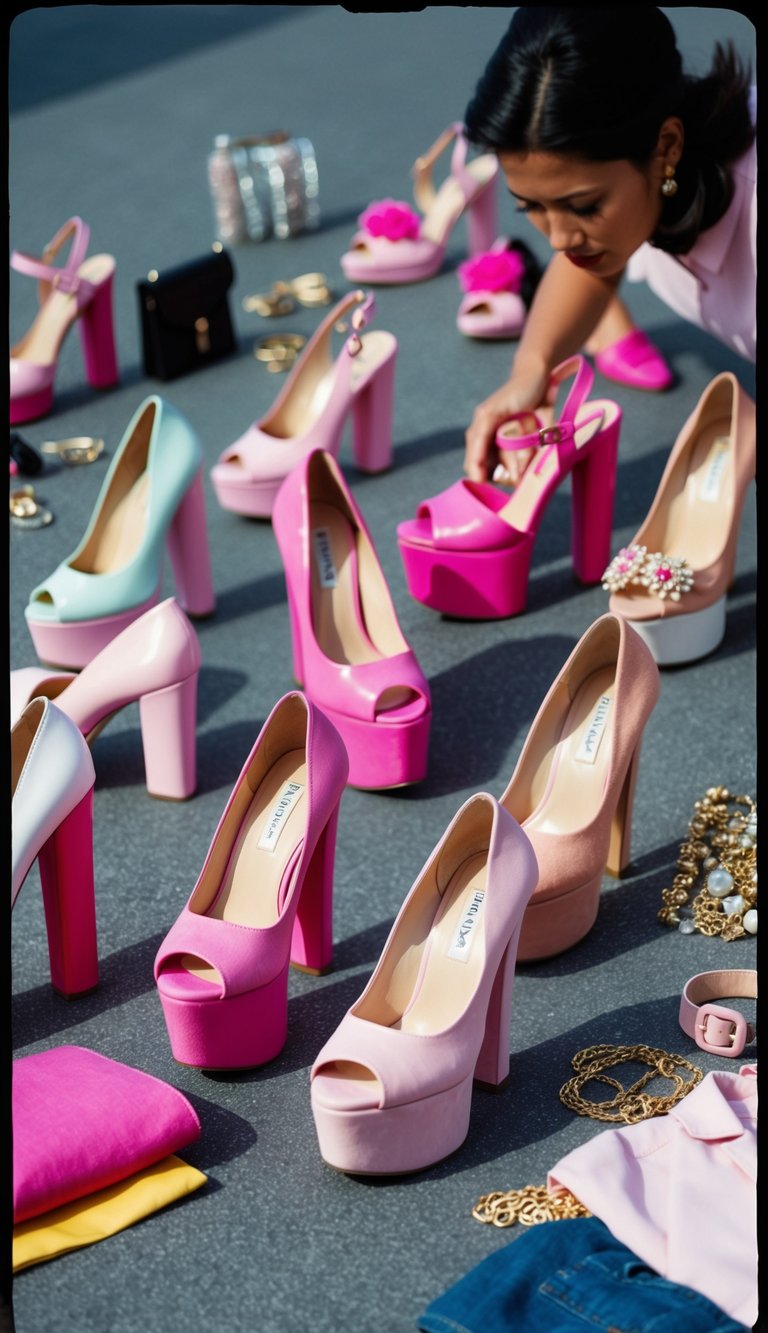 17 Pink Heels Outfit Ideas for a Feminine Touch That Will Make You Shine! 5 A row of peep-toe pink platform heels arranged in various styles and angles, surrounded by feminine accessories and clothing items