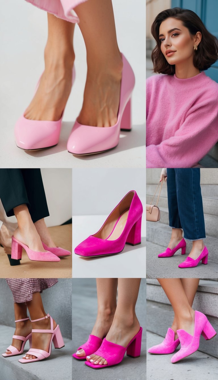 17 Pink Heels Outfit Ideas for a Feminine Touch That Will Make You Shine! 6 A collection of bubblegum pink block heels arranged in various stylish outfits, adding a feminine touch to the scene