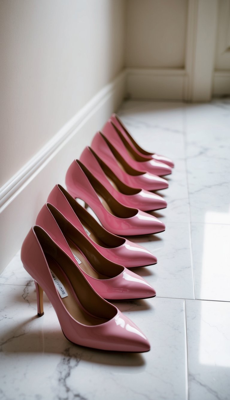 17 Pink Heels Outfit Ideas for a Feminine Touch That Will Make You Shine! 8 A row of pink patent leather pumps lined up on a white marble floor, with soft lighting casting a feminine and elegant ambiance