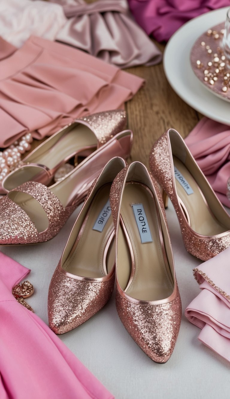 17 Pink Heels Outfit Ideas for a Feminine Touch That Will Make You Shine! 9 A pair of rose gold glitter heels surrounded by various pink outfit pieces, such as dresses, skirts, and blouses, creating a feminine and stylish scene