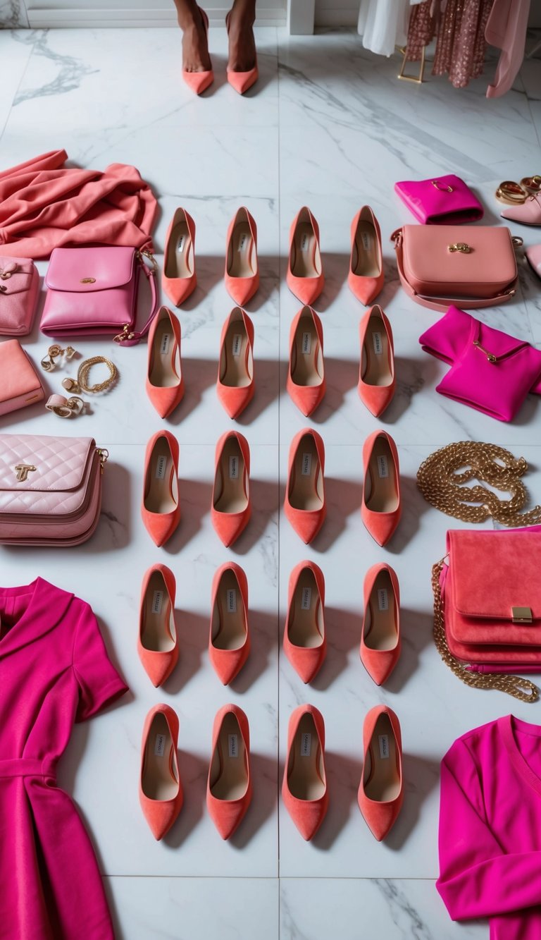 17 Pink Heels Outfit Ideas for a Feminine Touch That Will Make You Shine! 10 A row of coral kitten heels arranged neatly on a white marble floor, surrounded by various pink accessories and clothing items, creating a feminine and elegant atmosphere