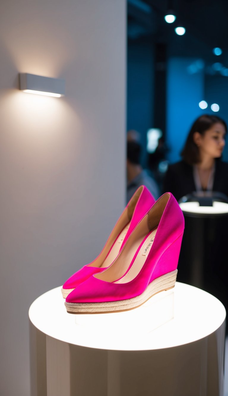 17 Pink Heels Outfit Ideas for a Feminine Touch That Will Make You Shine! 12 Hot pink wedge heels displayed on a sleek, modern pedestal with soft lighting