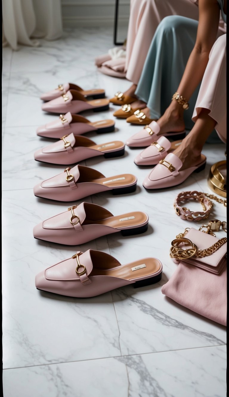 17 Pink Heels Outfit Ideas for a Feminine Touch That Will Make You Shine! 13 A row of pastel pink mules lined up on a white marble floor, surrounded by soft, feminine clothing and accessories