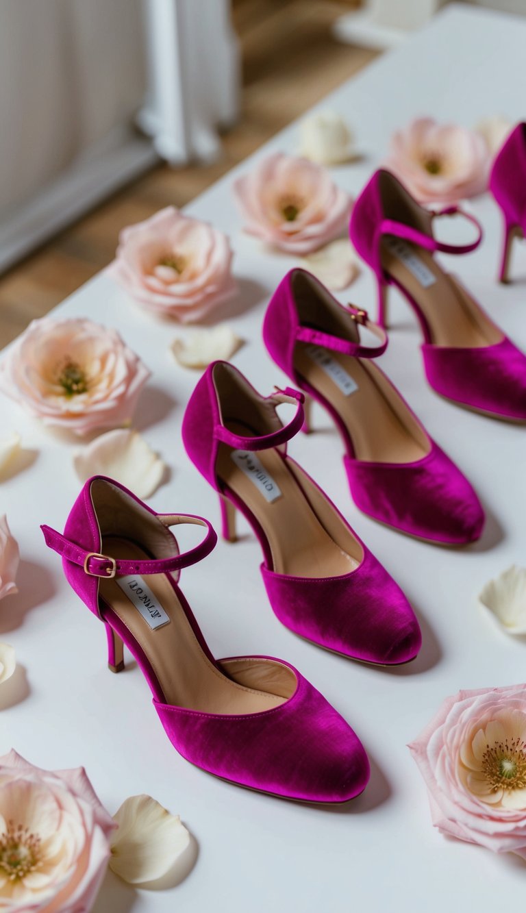 17 Pink Heels Outfit Ideas for a Feminine Touch That Will Make You Shine! 15 A row of pink velvet ankle-strap heels displayed on a white surface, surrounded by delicate rose petals and soft, feminine accessories
