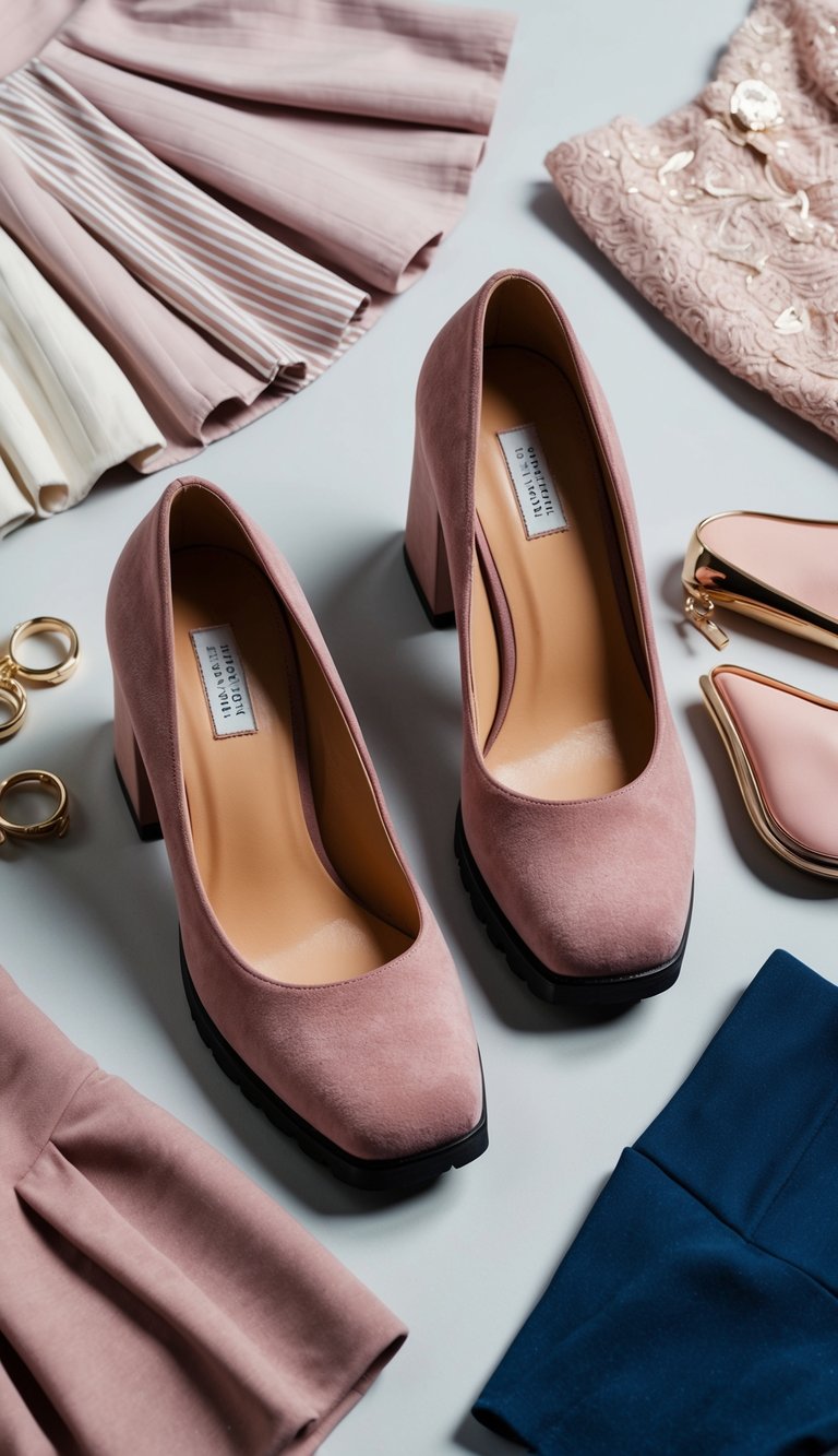 17 Pink Heels Outfit Ideas for a Feminine Touch That Will Make You Shine! 16 A pair of dusty pink chunky heels surrounded by various feminine outfit ideas, such as dresses, skirts, and blouses, creating a stylish and elegant scene