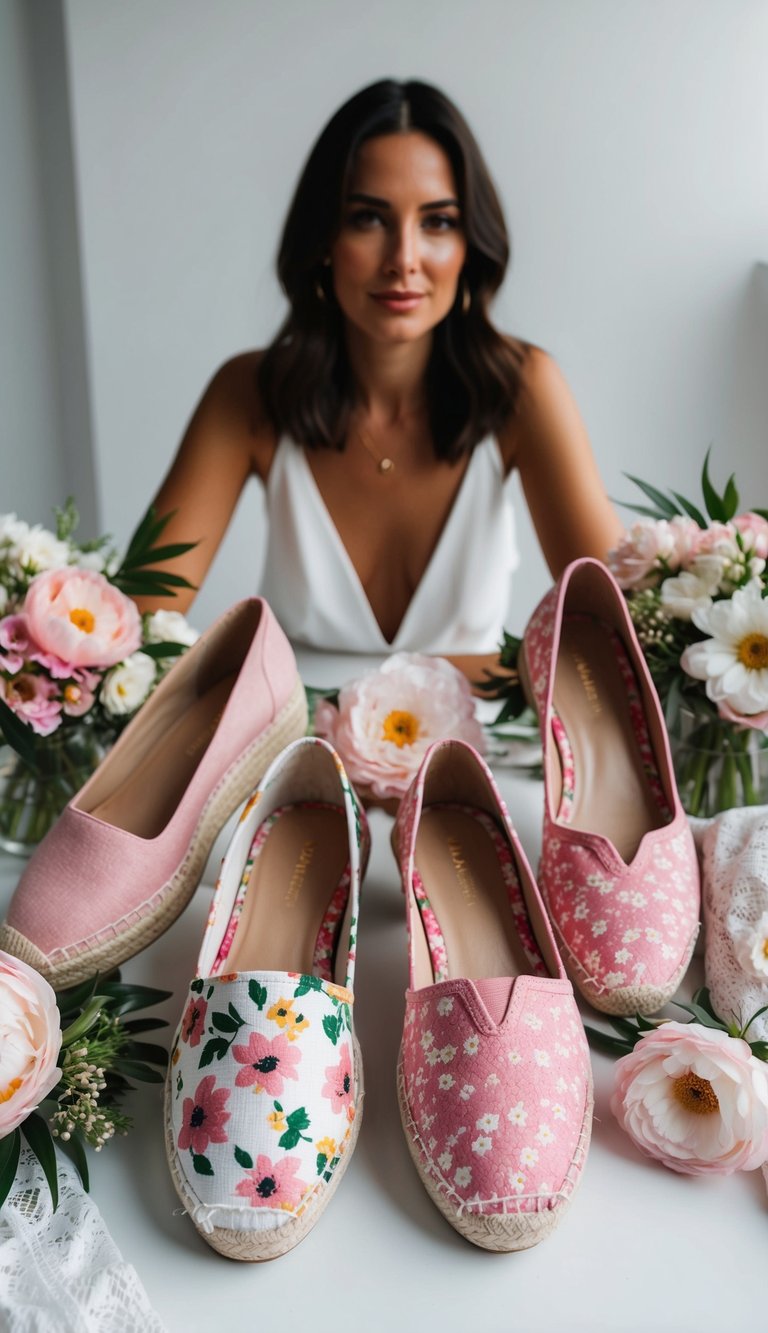 17 Pink Heels Outfit Ideas for a Feminine Touch That Will Make You Shine! 17 A collection of floral pink espadrilles and pink heels displayed on a clean, white background, surrounded by soft, feminine accessories like flowers and lace