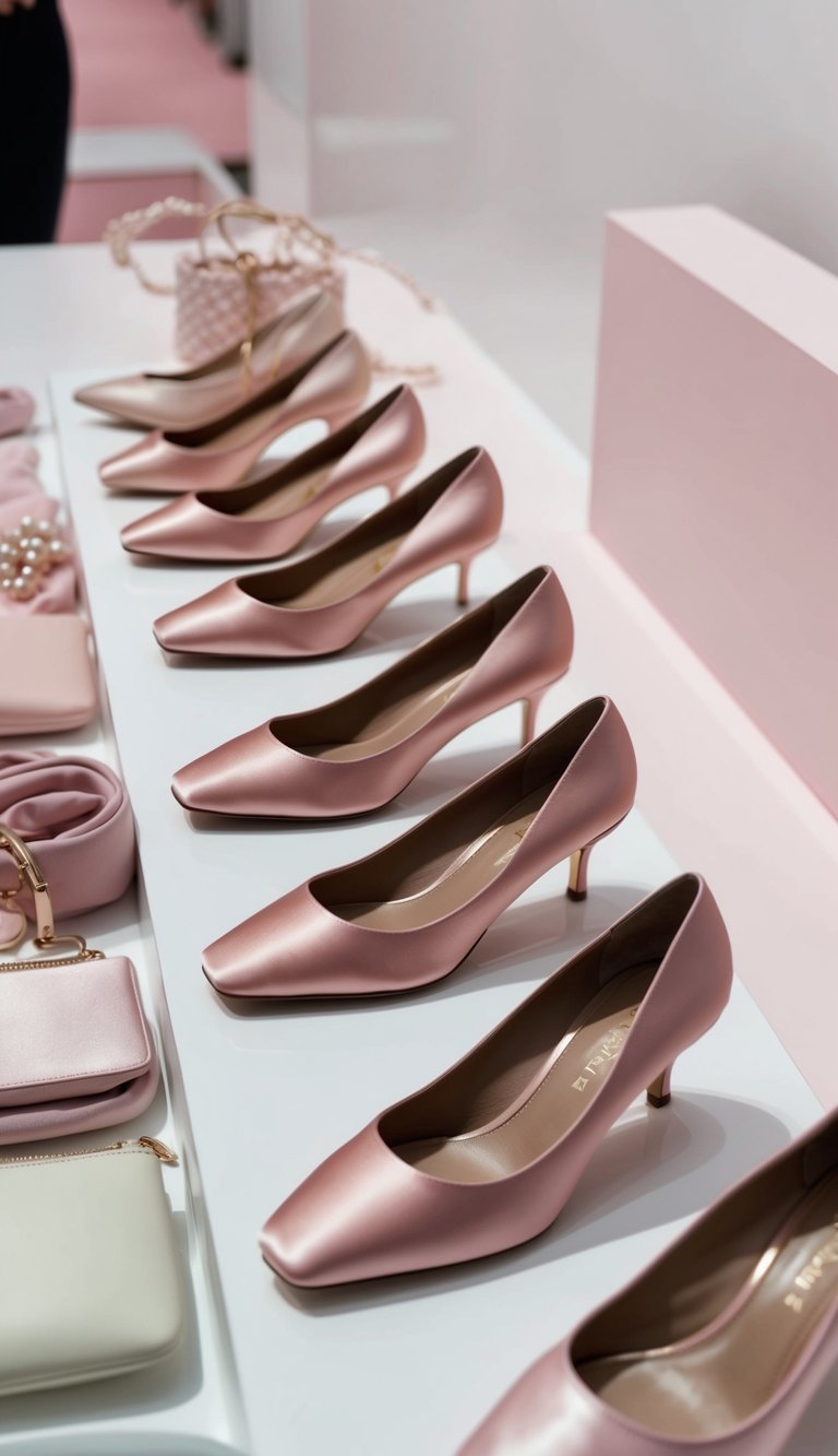 17 Pink Heels Outfit Ideas for a Feminine Touch That Will Make You Shine! 18 A row of satin blush heels displayed on a sleek white surface, surrounded by soft pink and pastel colored accessories