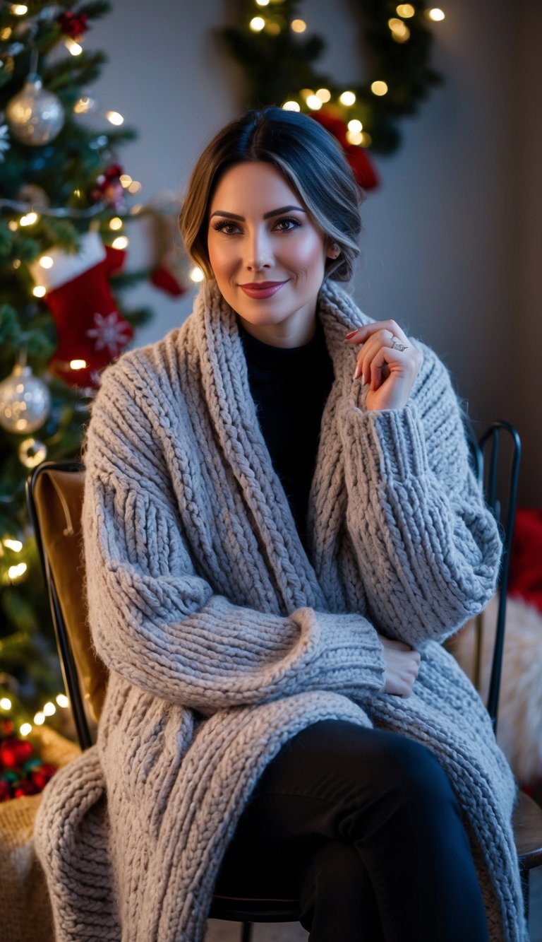 13 Plus Size Fair Outfit Ideas for Festive Days That Celebrate Your Curves! 8 A cozy, oversized knit cardigan draped over a chair, surrounded by festive decorations and twinkling lights