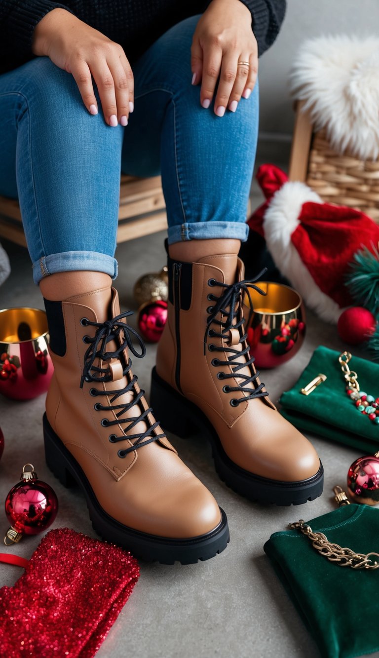 13 Plus Size Fair Outfit Ideas for Festive Days That Celebrate Your Curves! 10 A pair of chunky ankle boots surrounded by festive accessories and clothing items in various plus size options