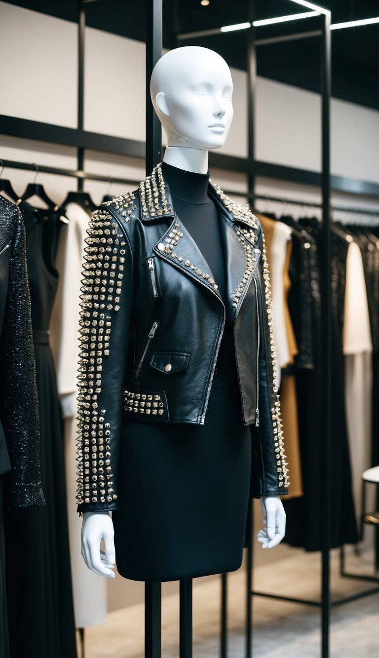 16 Black Outfit Ideas for Mysterious Elegance That Will Enchant Everyone 2 A studded leather jacket hangs on a sleek, black mannequin amidst a display of elegant and mysterious outfits