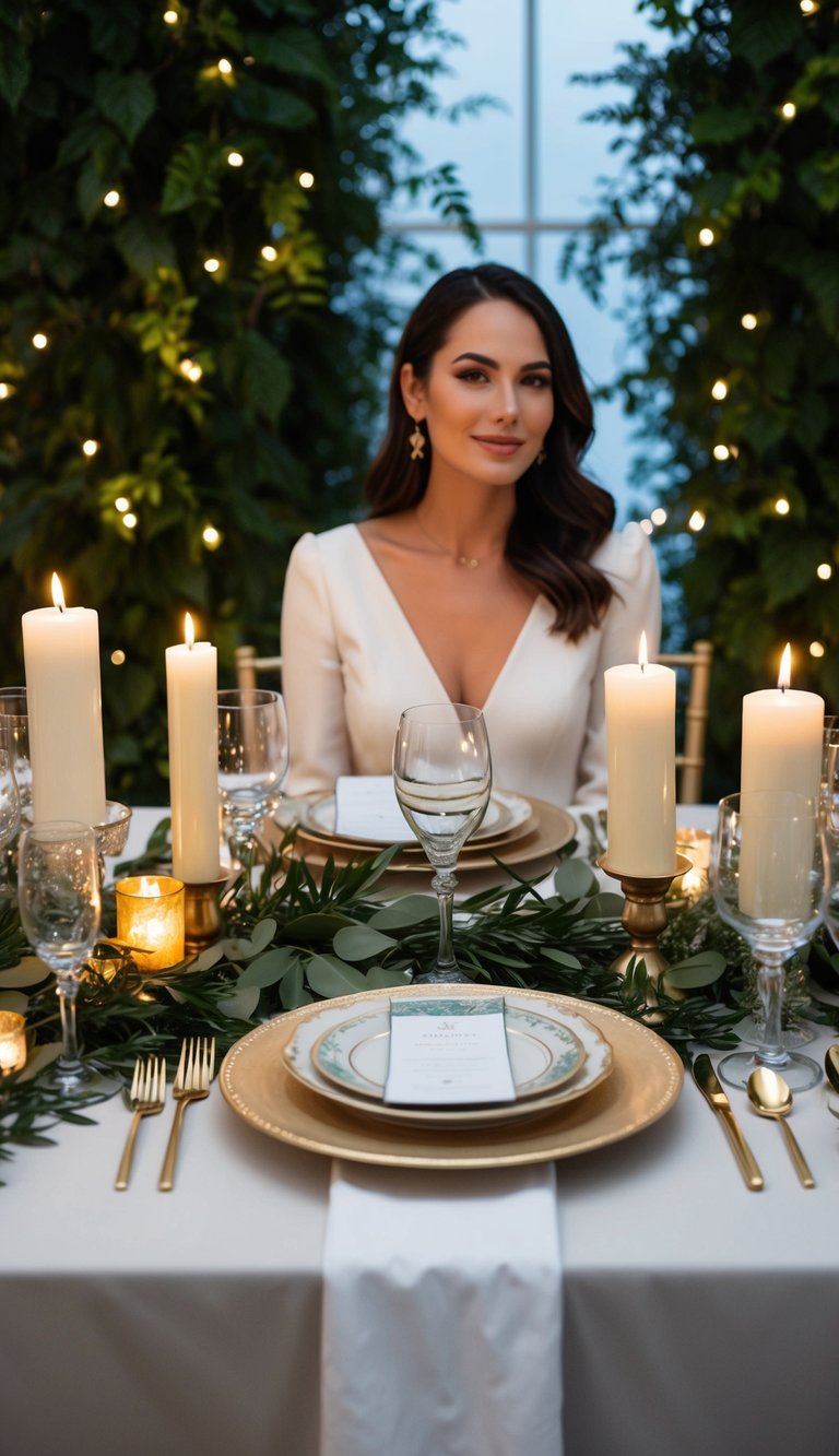 A table set with elegant dinnerware and a candlelit ambiance, surrounded by lush greenery and twinkling lights