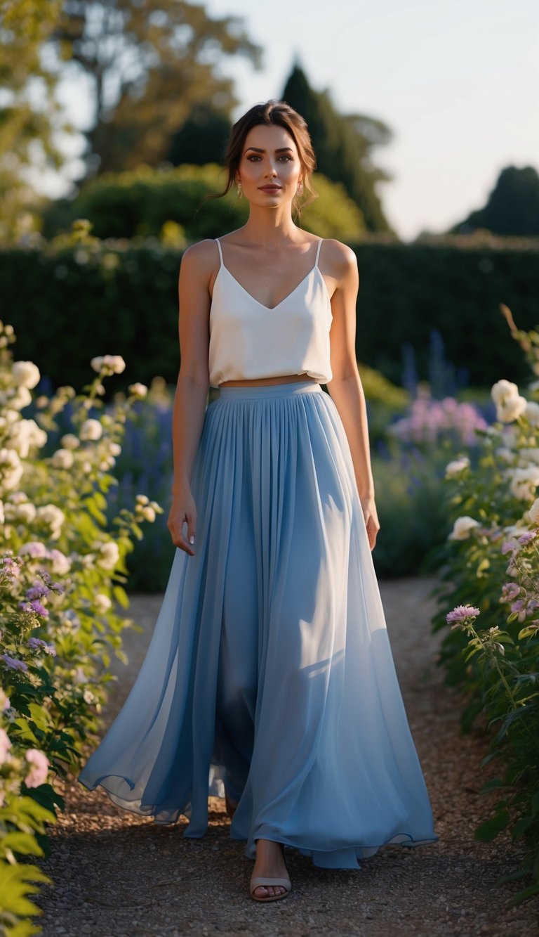A woman in a chiffon maxi skirt walks through a romantic summer garden, surrounded by blooming flowers and soft evening light