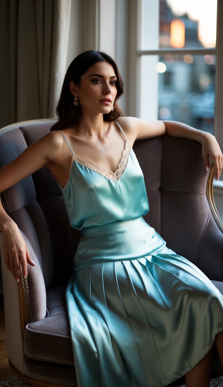 A silk camisole and midi skirt lay on a plush velvet chair, bathed in soft evening light from a nearby window
