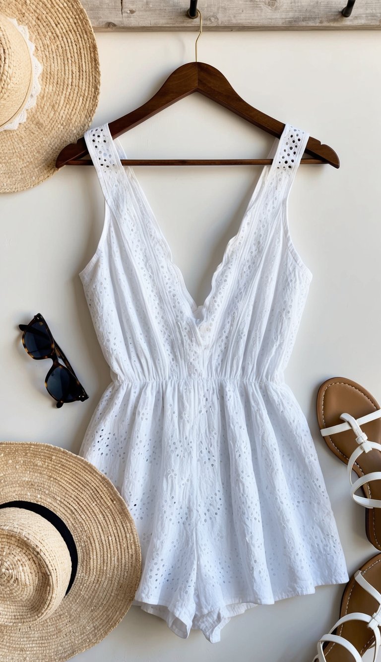 A white eyelet romper hanging on a rustic wooden hanger, surrounded by soft, summery accessories like a straw hat, sunglasses, and a pair of strappy sandals