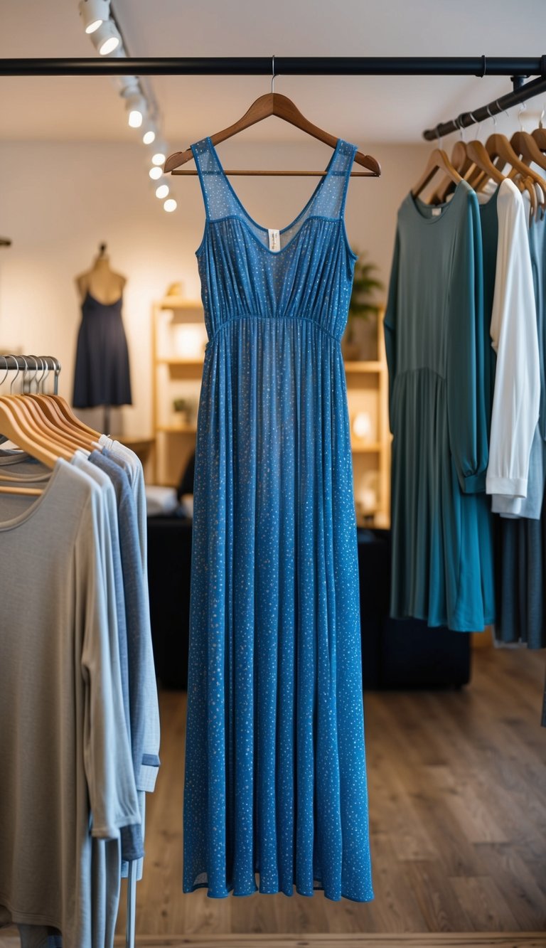 12 Casual Shopping Outfit Ideas for Comfortable Style that You'll Love! 3 A flowy maxi dress hanging on a wooden hanger in a cozy, well-lit boutique with other casual clothing items displayed nearby
