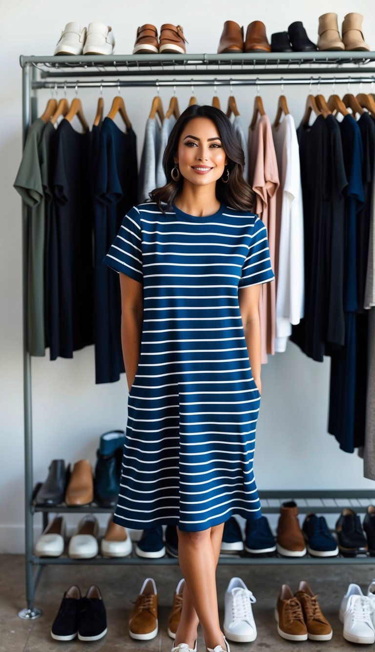 12 Casual Shopping Outfit Ideas for Comfortable Style that You'll Love! 4 A striped t-shirt dress hanging on a clothing rack surrounded by casual shoes and accessories