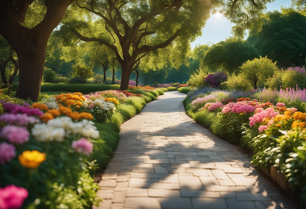 A serene park with a winding path surrounded by lush greenery and colorful flowers, with a clear blue sky and a warm sun shining down