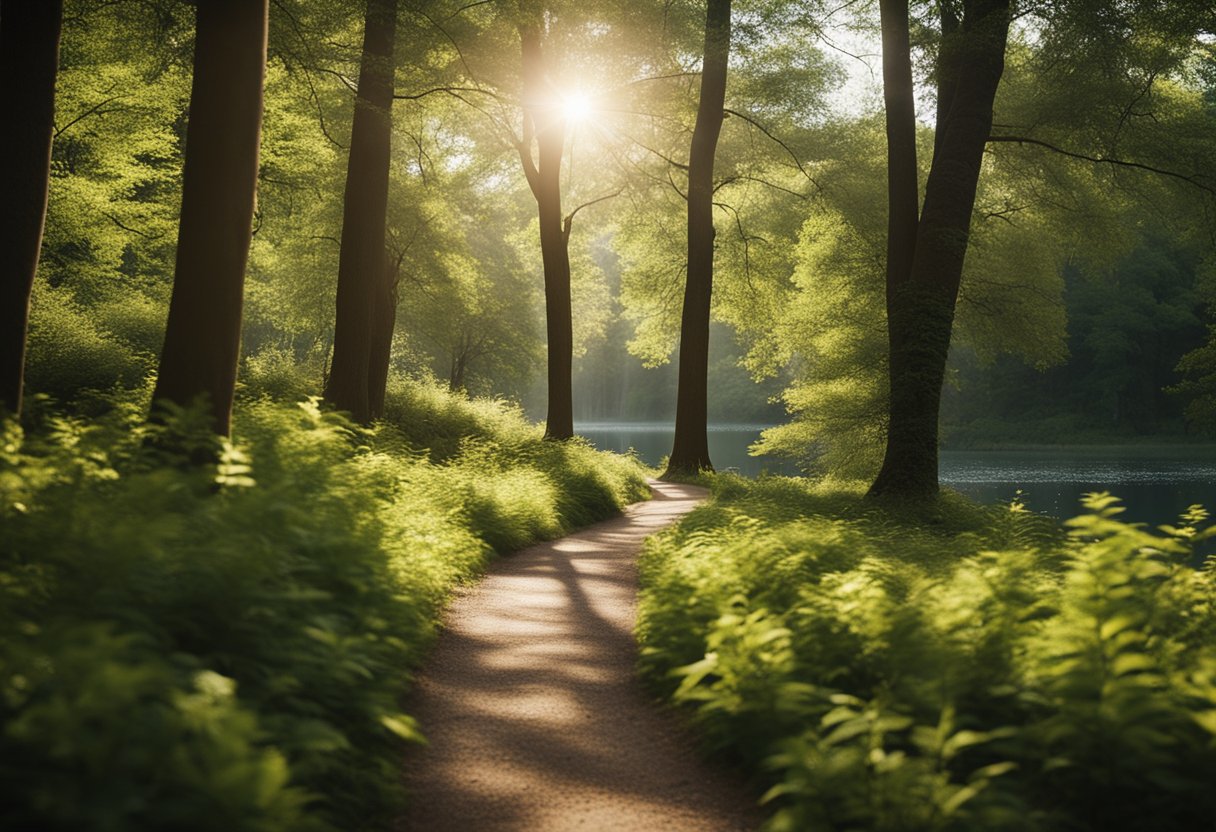 A serene forest with sunlight filtering through the trees, a winding path leading to a peaceful lake, and a person jogging along the trail