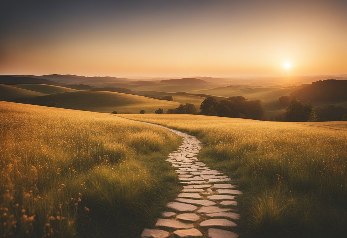 A serene, open field with a winding path leading to a distant horizon. The sun is setting, casting a warm, golden glow over the landscape