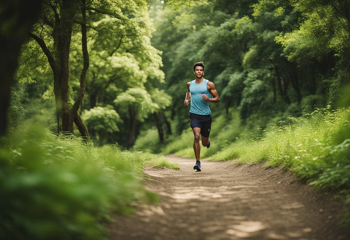 A person running along a scenic trail, surrounded by lush greenery and beautiful natural landscapes, with a look of determination and focus on their face