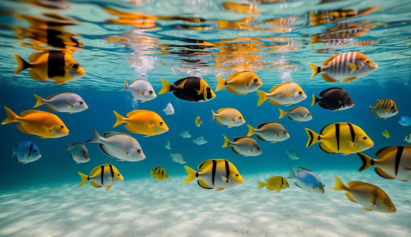 Sebuah dunia bawah laut yang berwarna-warni dengan berbagai ikan yang berenang ke arah yang berbeda, dengan suasana yang tenang dan damai