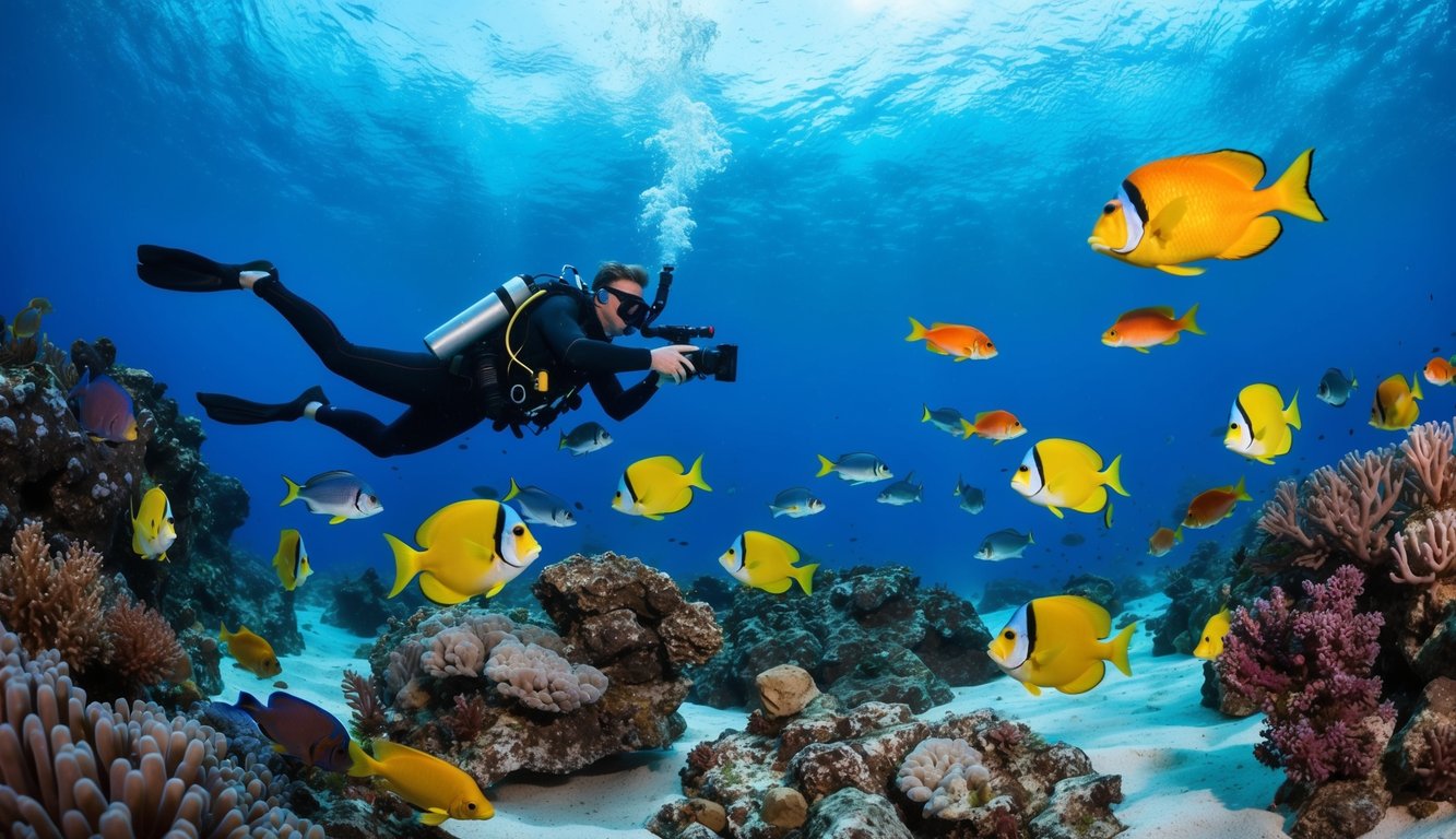 Dunia bawah laut yang hidup dengan ikan berwarna-warni dan aksi tembak yang dinamis