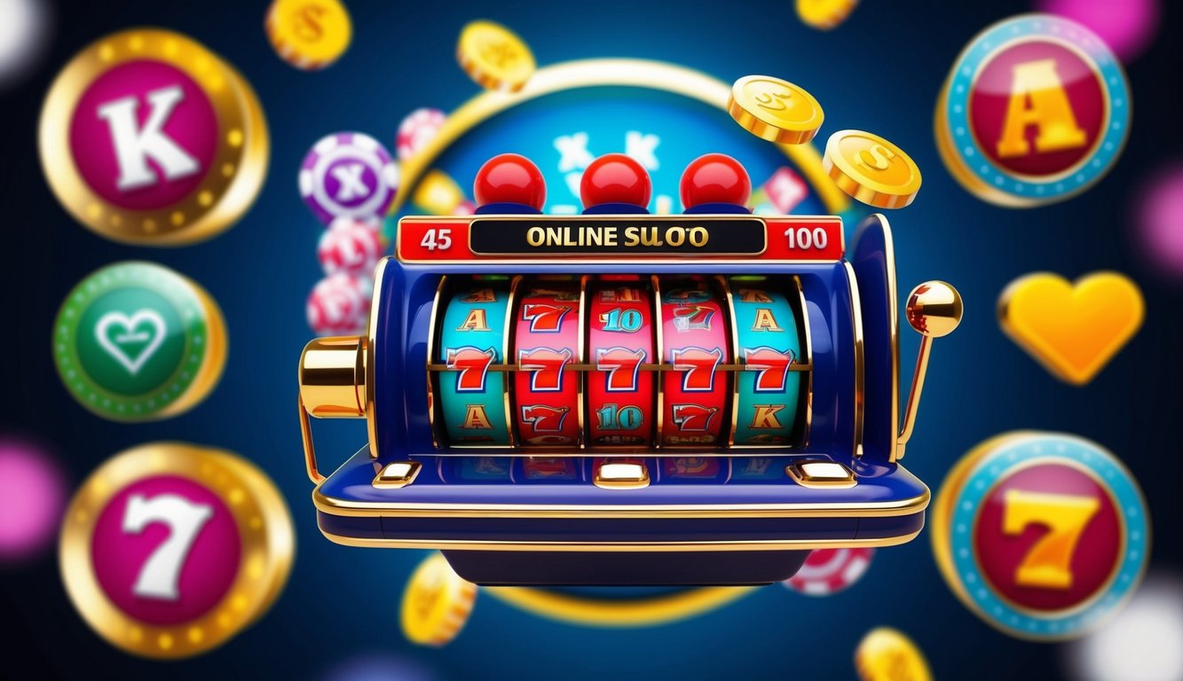 Mesin slot online yang berwarna-warni dikelilingi oleh grafik dan simbol bertema kasino yang cerah