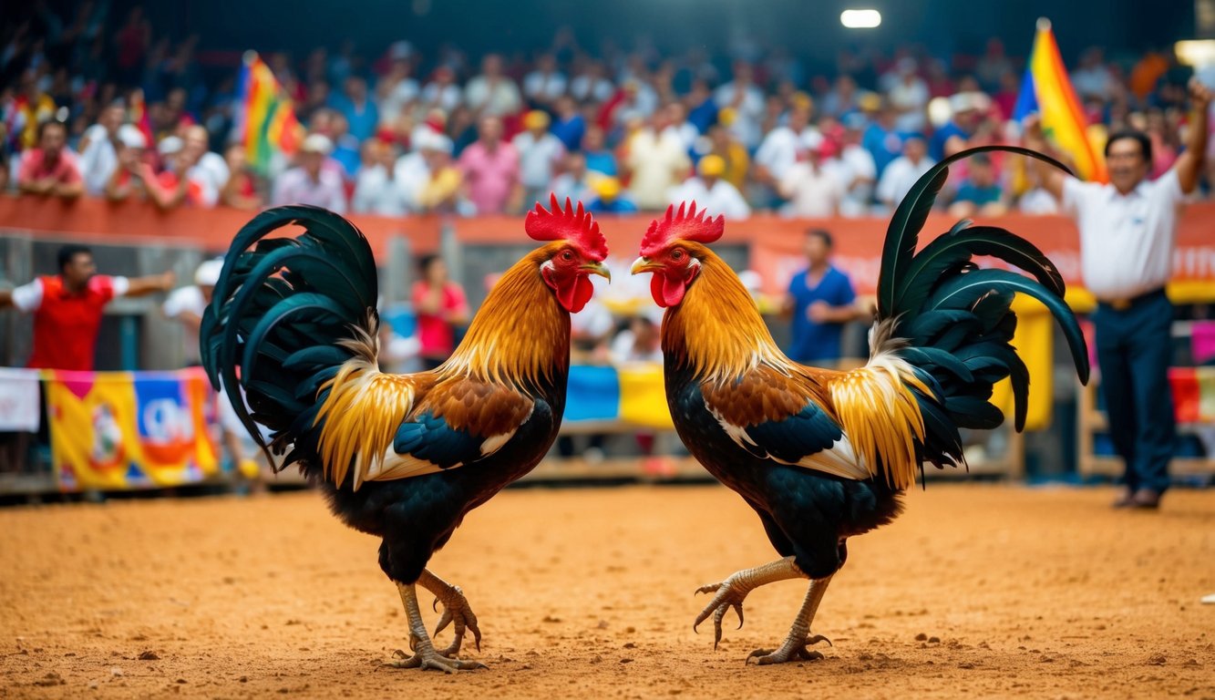 Sebuah arena yang ramai dengan dua ayam jantan yang berhadapan dalam pertarungan ayam yang meriah, dikelilingi oleh penonton yang bersorak dan spanduk berwarna-warni.