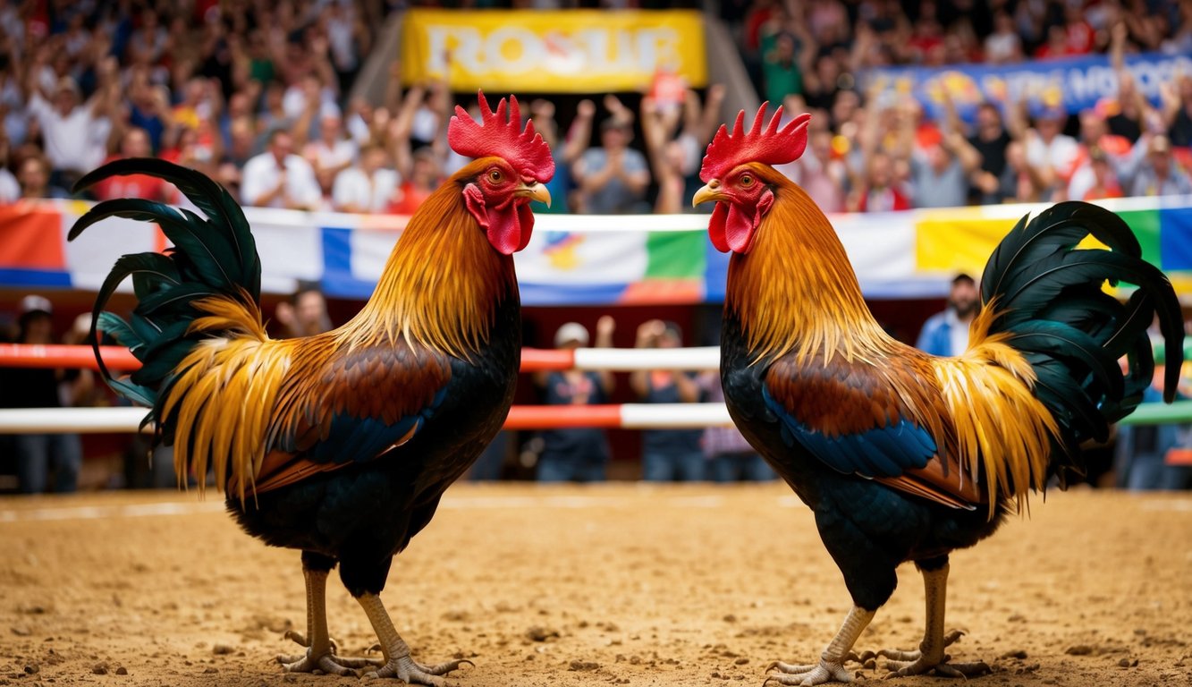 Dua ayam jantan berhadapan di arena yang ramai, dikelilingi oleh penonton yang bersorak dan spanduk berwarna-warni