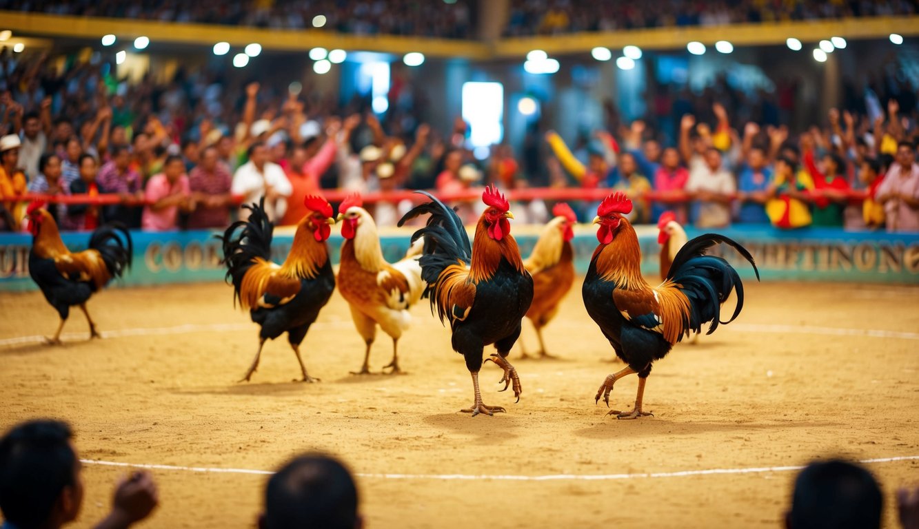 Sebuah arena sabung ayam yang ramai dan berwarna-warni dengan penonton yang bersorak dan ayam jantan yang garang di tengah ring