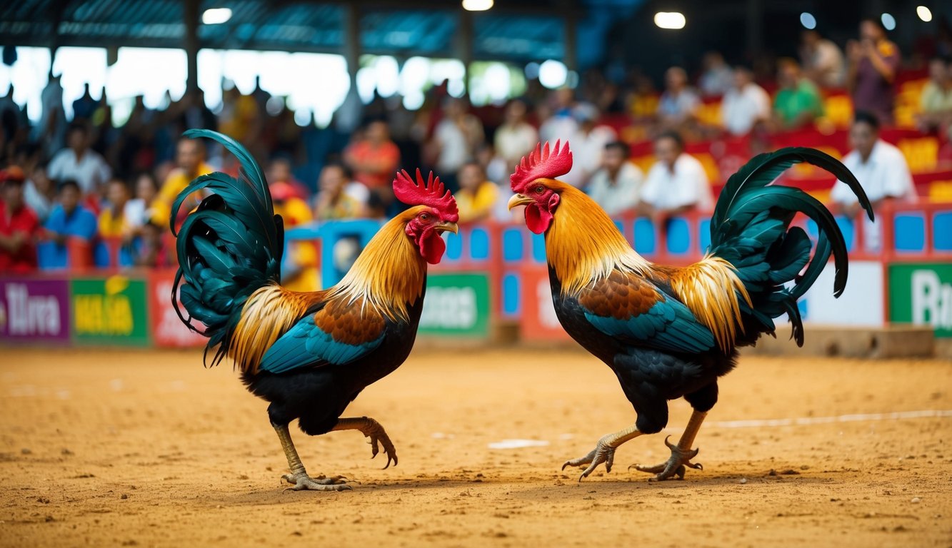 Sebuah arena sabung ayam Indonesia yang berwarna-warni dan ramai dengan penonton yang bersorak serta dua ayam jantan yang terlibat dalam pertarungan sengit