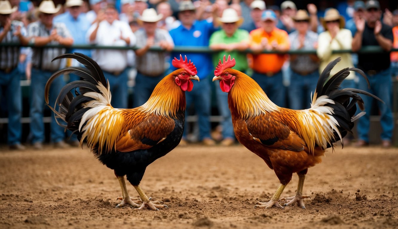 Dua ayam jantan berhadapan di dalam lubang tanah, dikelilingi oleh kerumunan penonton yang bersorak-sorai