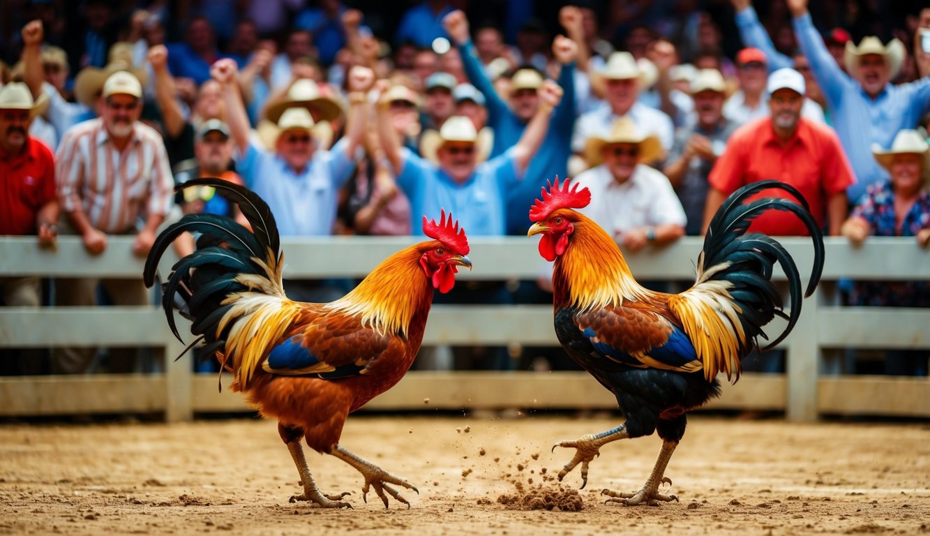 Sebuah arena yang ramai dengan dua ayam jantan yang saling berhadapan dalam pertarungan sengit, dikelilingi oleh penonton antusias yang bersorak dan memasang taruhan