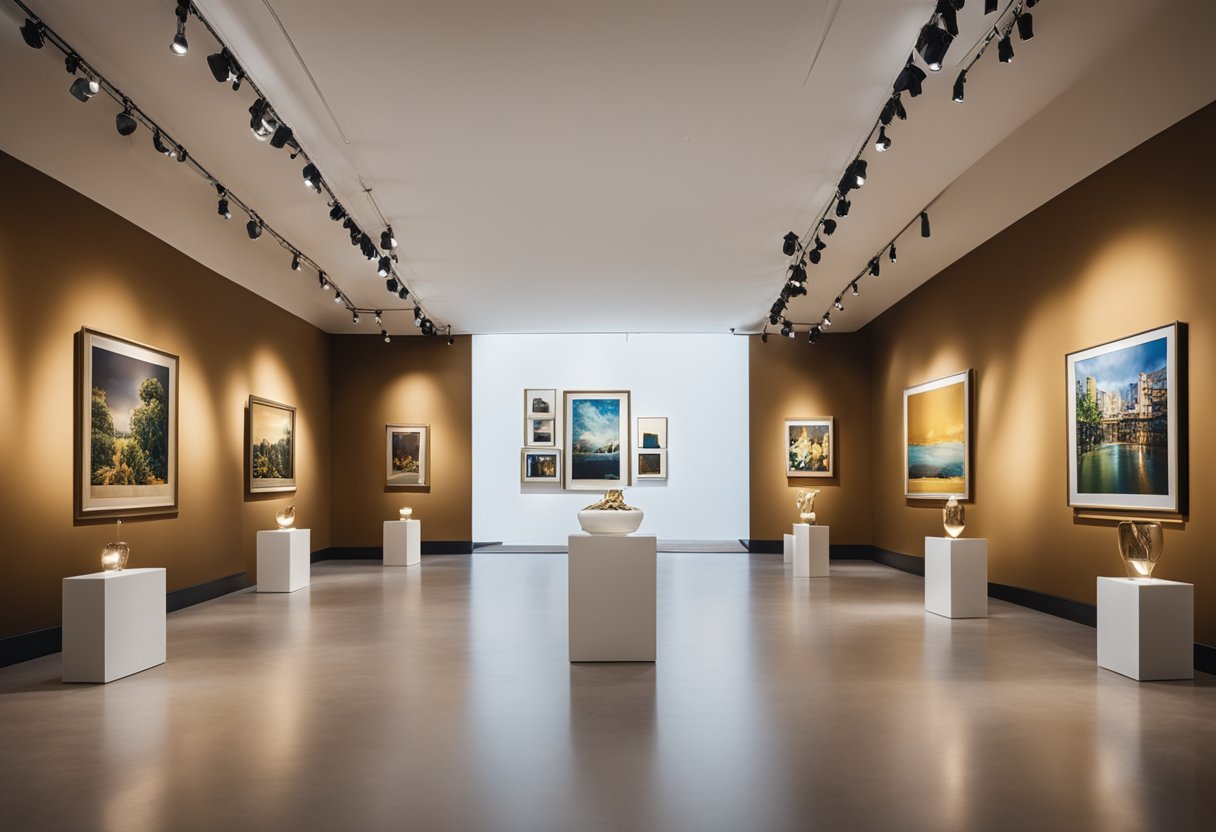 A brightly lit gallery with spotlights on detailed art replicas displayed on white pedestals, surrounded by velvet ropes