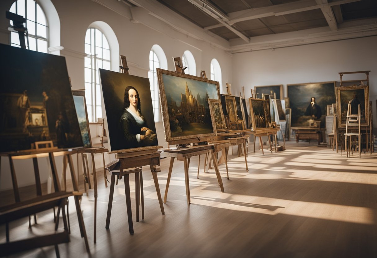 A studio filled with easels displaying meticulously recreated replicas of famous artworks from iPaintings 8's top art replica companies